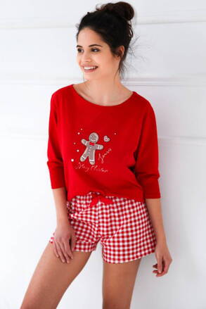 Vianočné dámske bavlnené pyžamo krátke Sensis Hazel červené