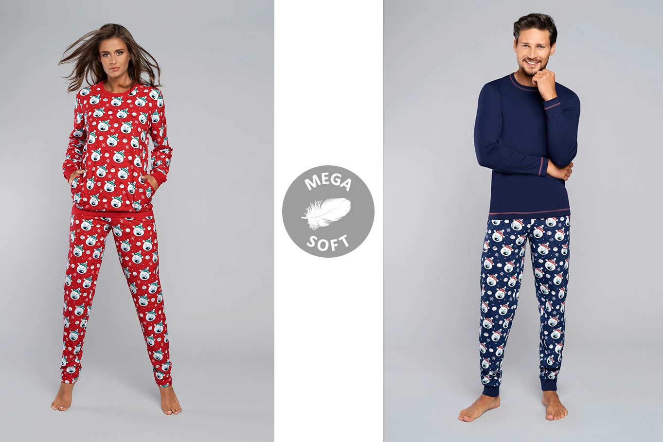 Vianočné pyžamá pre páry: dámske pyžamo Italian Fashion Hati červené a pánske pyžamo Italian Fashion Balu tmavomodré