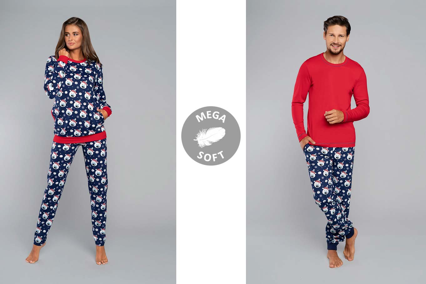 Vianočné pyžamo pre páry: dámske pyžamo Italian Fashion Hati tmavomodré a pánske pyžamo Italian Fashion Balu červené