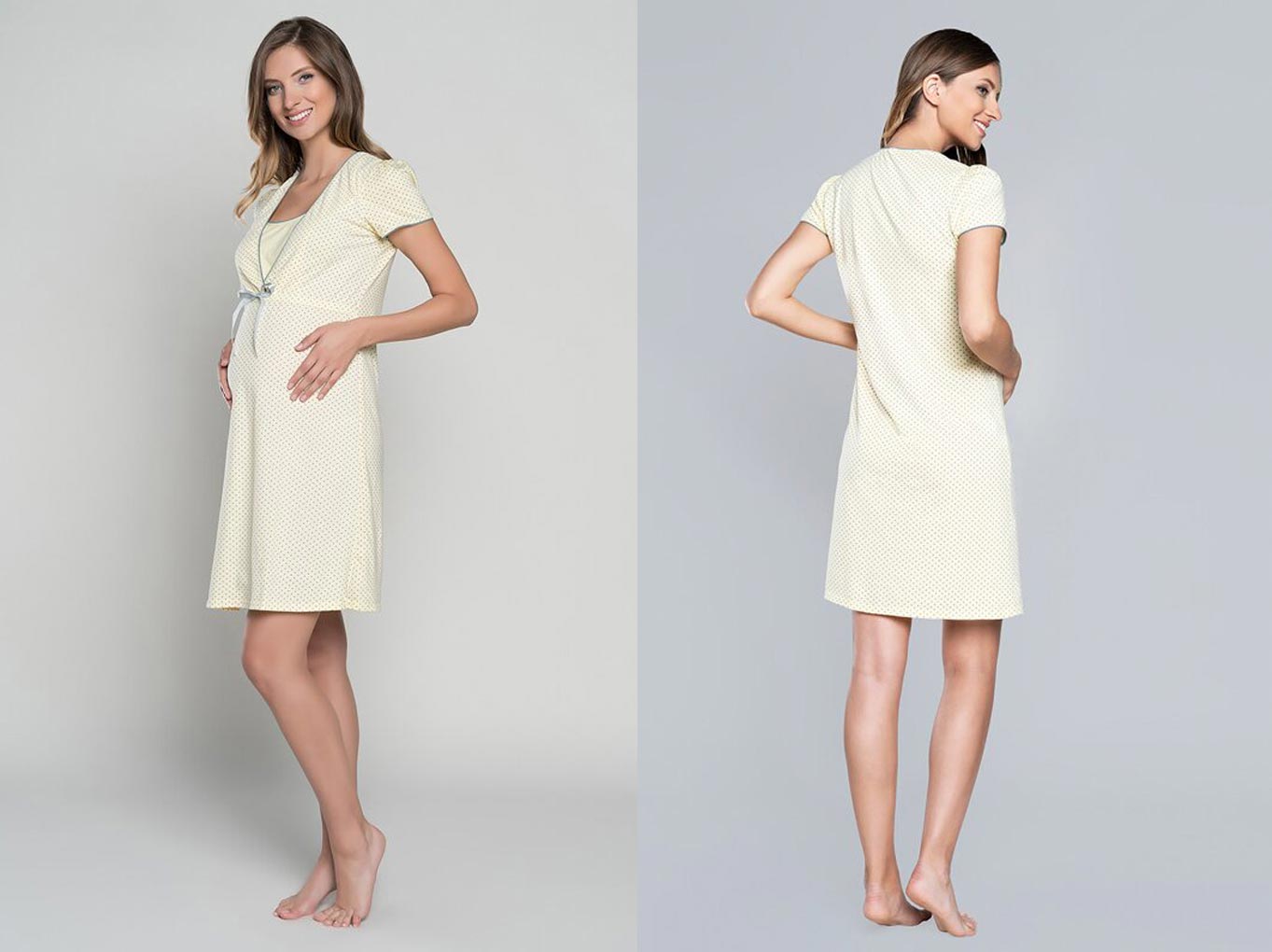 Materská tehotenská nočná košeľa na kojenie Italian Fashion Felicita žltá spredu a zozadu