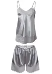 Elegantné dámske saténové pyžamo krátke Dkaren Madison strieborné