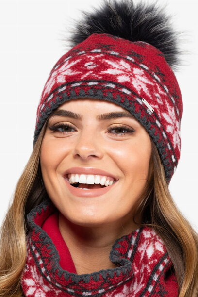 Červená dámska čiapka s nórskym vzorom s brmbolcom Kamea Annapolis