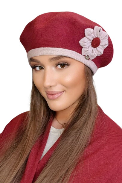 Bordová luxusná dámska baretka na zimu s kvetom Kamea Dahlia