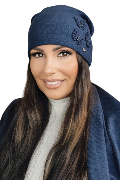 Tmavomodrá elegantná dámska čiapka s motýlikmi Kamea Maram