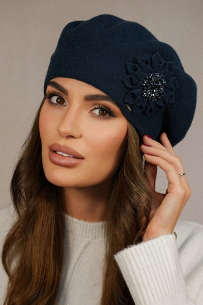 Tmavomodrá tyrkysová dámska elegantná baretka s kvetom Kamea Peonia