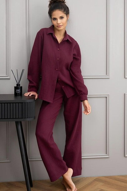 Dámske mušelínové pyžamo na gombíky Sensis Colette burgundy