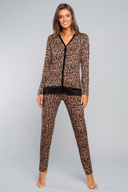 Elegantné dámske pyžamo s dlhým rukávom leopardí vzor Italian Fashion Pantera čierno-béžové