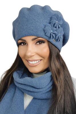 Jeans modrá luxusná elegantná dámska baretka na zimu s kvetmi Kamea Salima