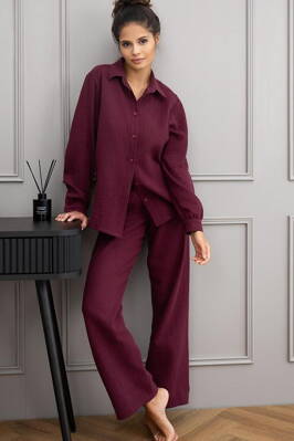 Dámske mušelínové pyžamo na gombíky Sensis Colette burgundy