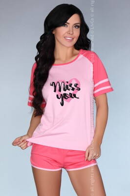 Štýlové dámske krátke pyžamo s nápisom "Miss you" LivCo Corsetti Ejiroma ružové
