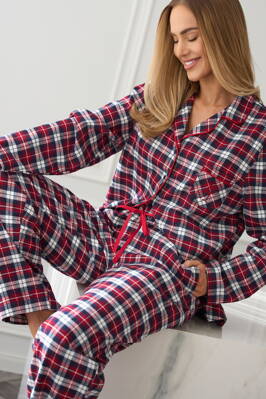 Dámske bavlnené kárované pyžamo na gombíky L&L 2475 červené