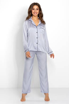 Luxusné saténové pyžamo na gombíky Momenti Per Me Classic Look strieborné