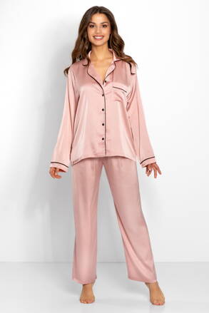 Luxusné saténové pyžamo na gombíky Momenti Per Me Classic Look ružové