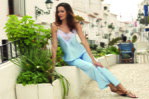 Luxusný dlhý saténový komplet Dkaren Melanie Baby Blue