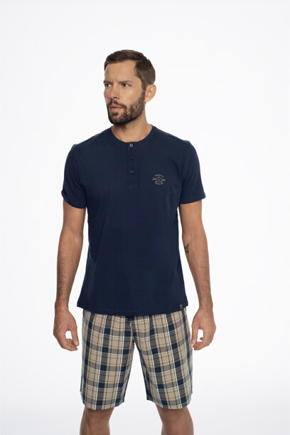 Pánske bavlnené pyžamo krátke Henderson Ethos 41294-59X tmavomodro-béžové